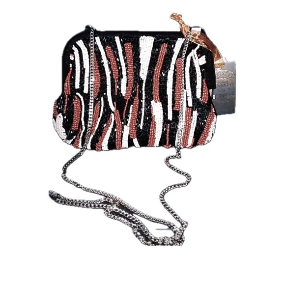 Handcrafted Bead Bag Contemp Tiger Print Crossbody 2 Straps, Chain & Leather NEW - Picture 5 of 11